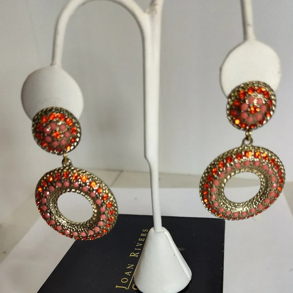 Joan Rivers Gold and Orange Crystal Hoop Earrings NWOT